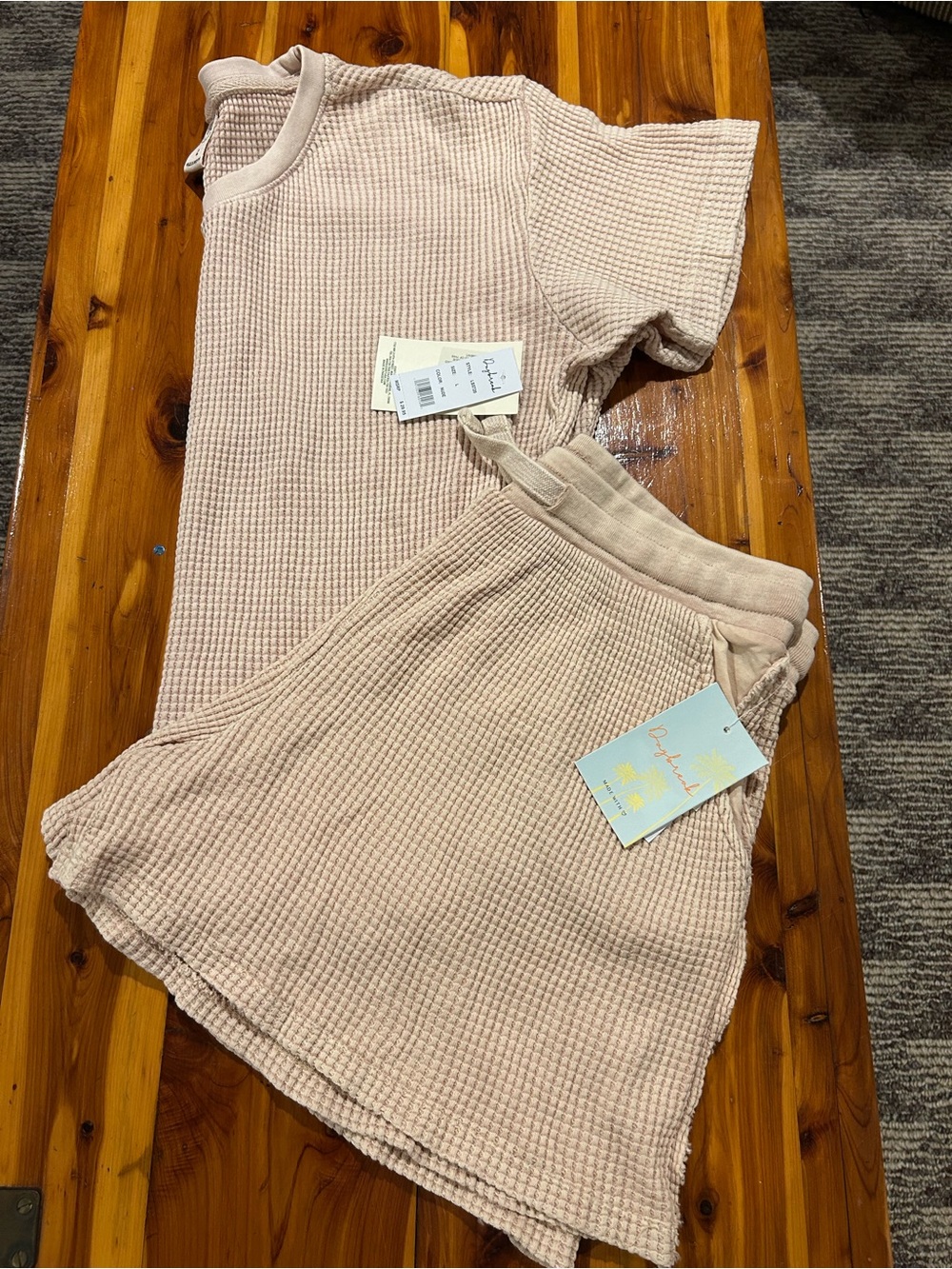Waffle-Knit Two-Piece Short Set in Nude